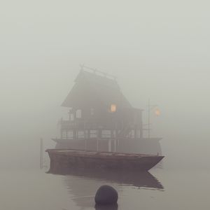 Preview wallpaper boat, river, house, fog, art