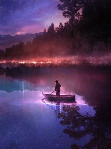 Preview wallpaper boat, river, loneliness, night, art