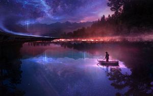 Preview wallpaper boat, river, loneliness, night, art