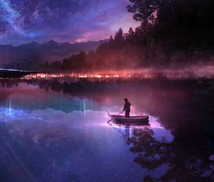 Preview wallpaper boat, river, loneliness, night, art