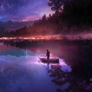 Preview wallpaper boat, river, loneliness, night, art