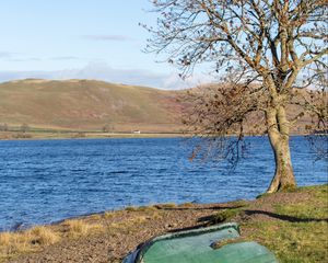 Preview wallpaper boat, river, shore, tree, hills