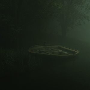 Preview wallpaper boat, river, shore, art, fog