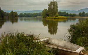 Preview wallpaper boat, river, trees, reflection