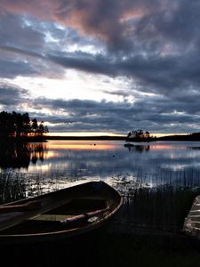 Preview wallpaper boat, river, trees, twilight, nature