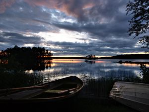 Preview wallpaper boat, river, trees, twilight, nature