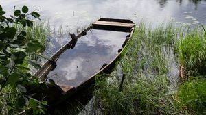 Preview wallpaper boat, river, water, grass, shore, trees