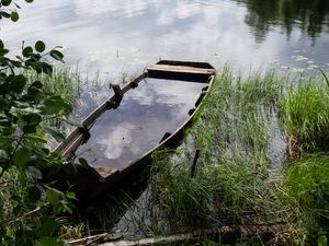 Preview wallpaper boat, river, water, grass, shore, trees