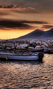 Preview wallpaper boat, rocks, bird, mountain, river, hdr