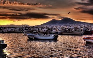 Preview wallpaper boat, rocks, bird, mountain, river, hdr