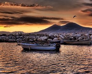 Preview wallpaper boat, rocks, bird, mountain, river, hdr