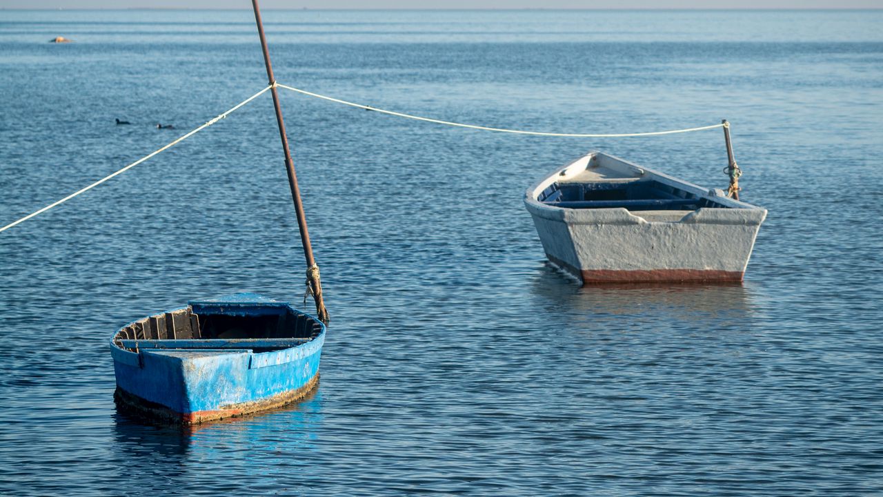 Wallpaper boat, rope, sea, minimalism, blue