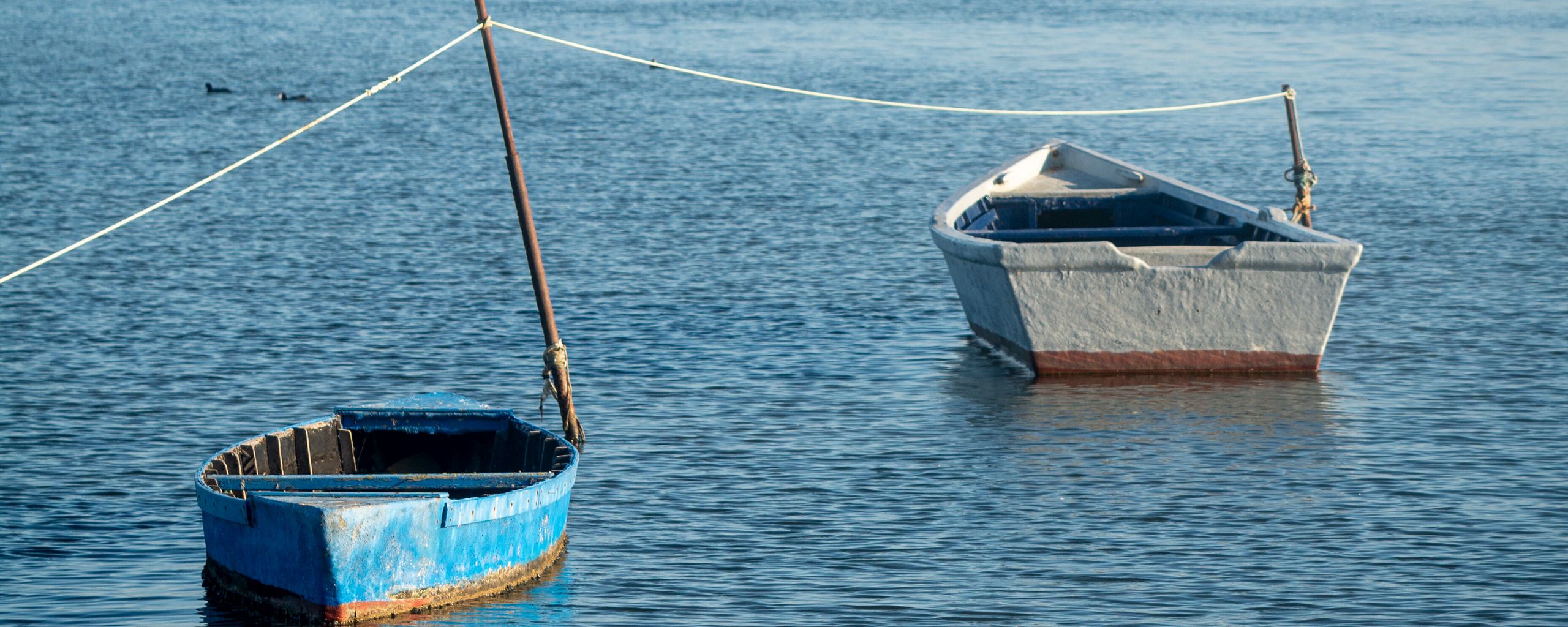 2560x1024 Wallpaper boat, rope, sea, minimalism, blue