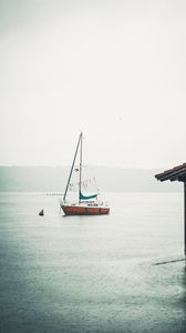 Preview wallpaper boat, sail, rain, fog, water