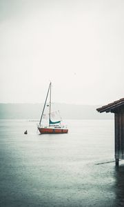 Preview wallpaper boat, sail, rain, fog, water