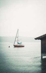 Preview wallpaper boat, sail, rain, fog, water