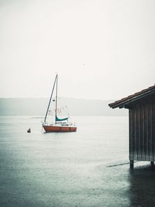 Preview wallpaper boat, sail, rain, fog, water