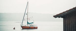 Preview wallpaper boat, sail, rain, fog, water