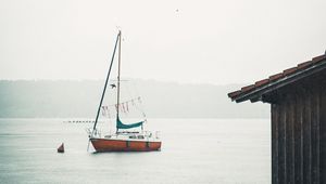 Preview wallpaper boat, sail, rain, fog, water