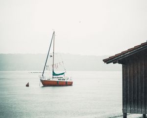 Preview wallpaper boat, sail, rain, fog, water