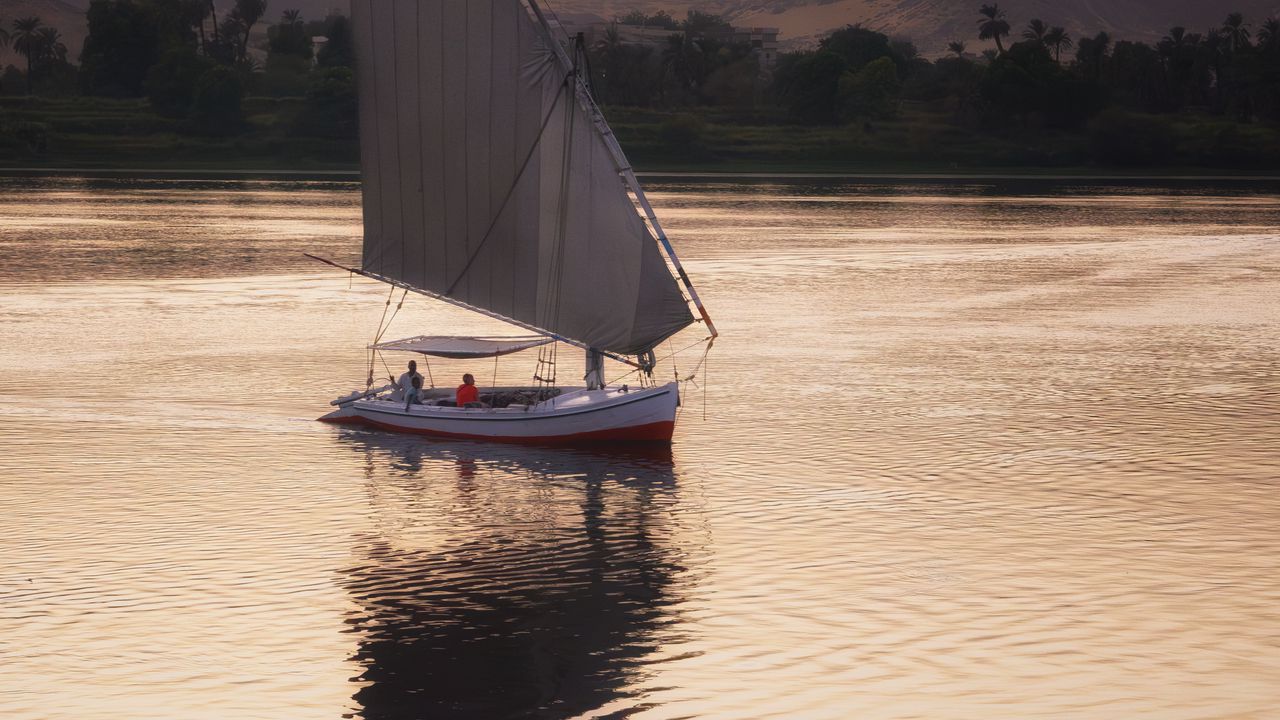 Wallpaper boat, sail, river, trees