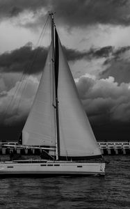 Preview wallpaper boat, sail, sea, clouds, black and white