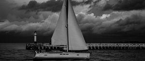 Preview wallpaper boat, sail, sea, clouds, black and white