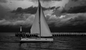 Preview wallpaper boat, sail, sea, clouds, black and white
