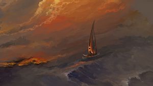 Preview wallpaper boat, sail, sea, waves, art