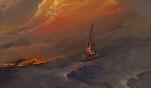 Preview wallpaper boat, sail, sea, waves, art