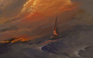 Preview wallpaper boat, sail, sea, waves, art