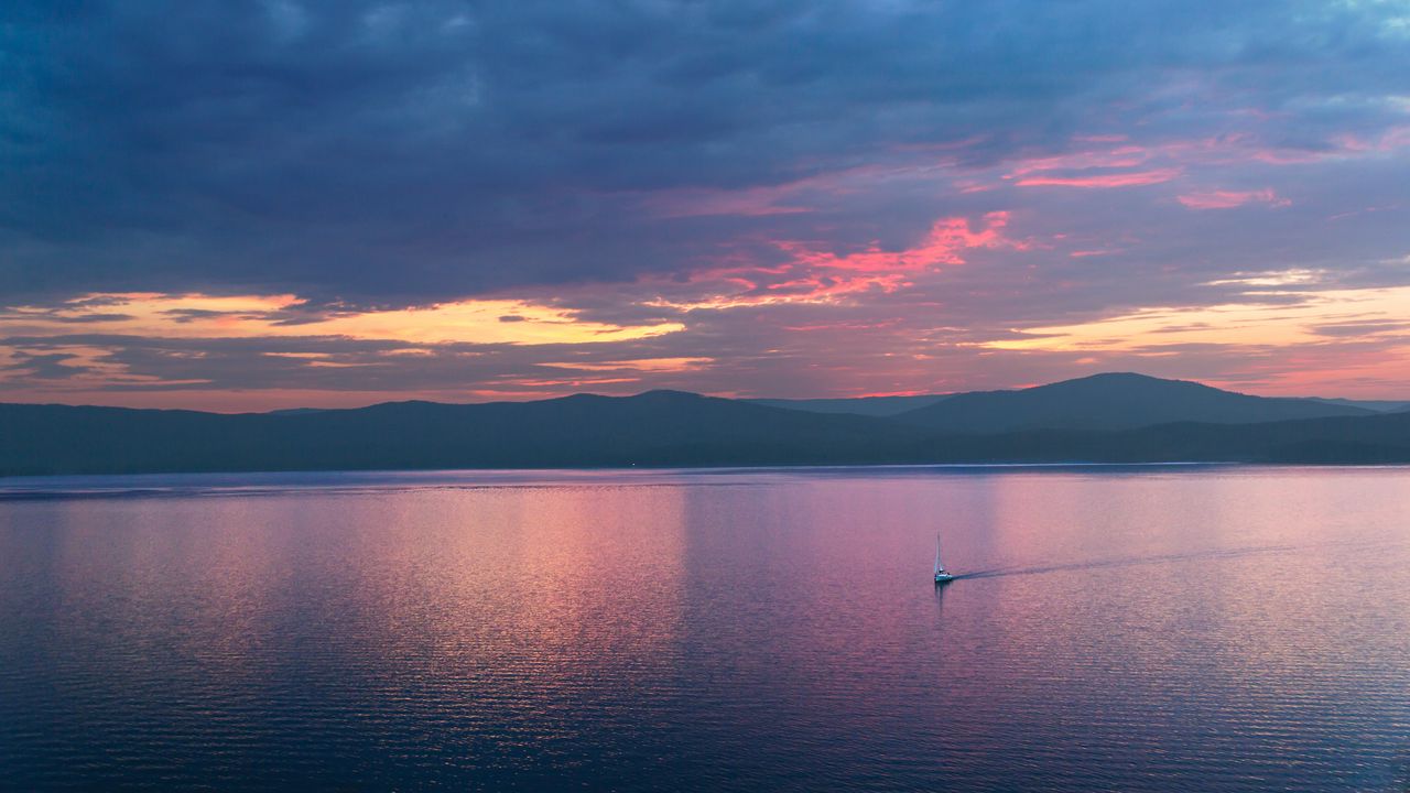 Wallpaper boat, sail, sea, mountains, minimalism, nature