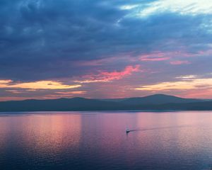 Preview wallpaper boat, sail, sea, mountains, minimalism, nature