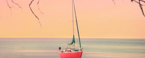 Preview wallpaper boat, sailboat, sea, branches, horizon