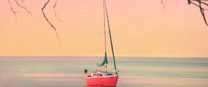 Preview wallpaper boat, sailboat, sea, branches, horizon