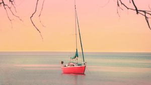 Preview wallpaper boat, sailboat, sea, branches, horizon