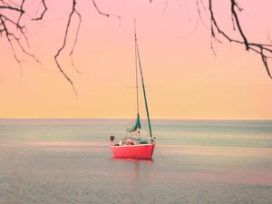 Preview wallpaper boat, sailboat, sea, branches, horizon