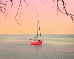 Preview wallpaper boat, sailboat, sea, branches, horizon