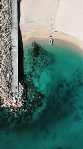 Preview wallpaper boat, sea, beach, stones, aerial view