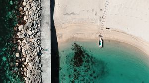 Preview wallpaper boat, sea, beach, stones, aerial view