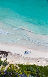 Preview wallpaper boat, sea, beach, trees, aerial view