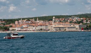 Preview wallpaper boat, sea, buildings, sky