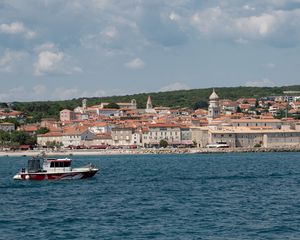 Preview wallpaper boat, sea, buildings, sky