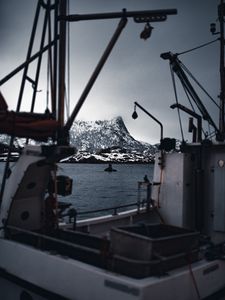 Preview wallpaper boat, sea, coast, mountains