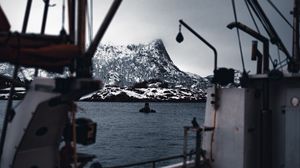 Preview wallpaper boat, sea, coast, mountains
