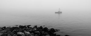 Preview wallpaper boat, sea, coast, fog, black and white