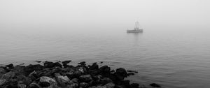Preview wallpaper boat, sea, coast, fog, black and white