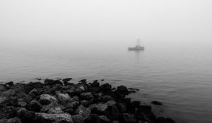 Preview wallpaper boat, sea, coast, fog, black and white