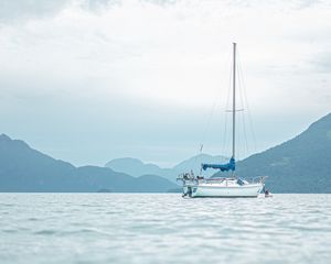 Preview wallpaper boat, sea, hill, sky