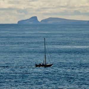 Preview wallpaper boat, sea, hills, minimalism